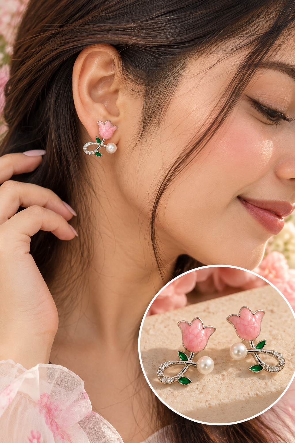 Pink Tulip Flower Earrings