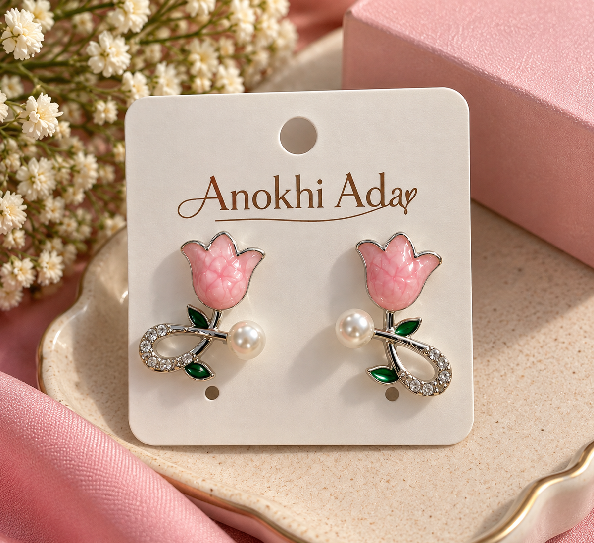 Pink Tulip Flower Earrings