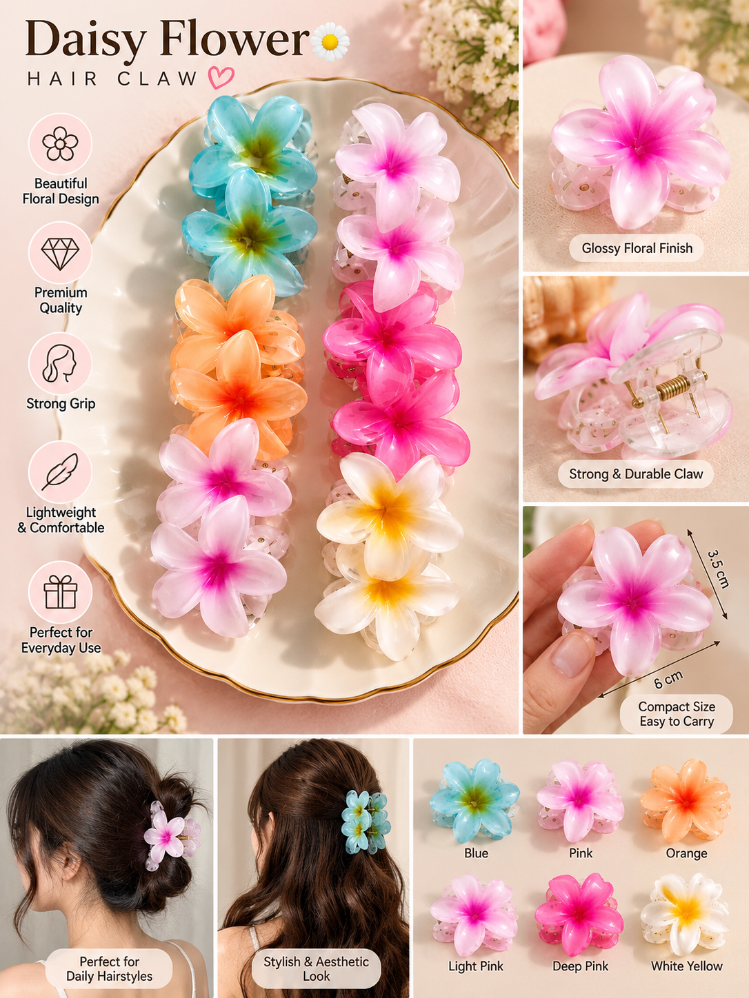 Daisy Flower Hair Claw (Medium - 12Pcs)