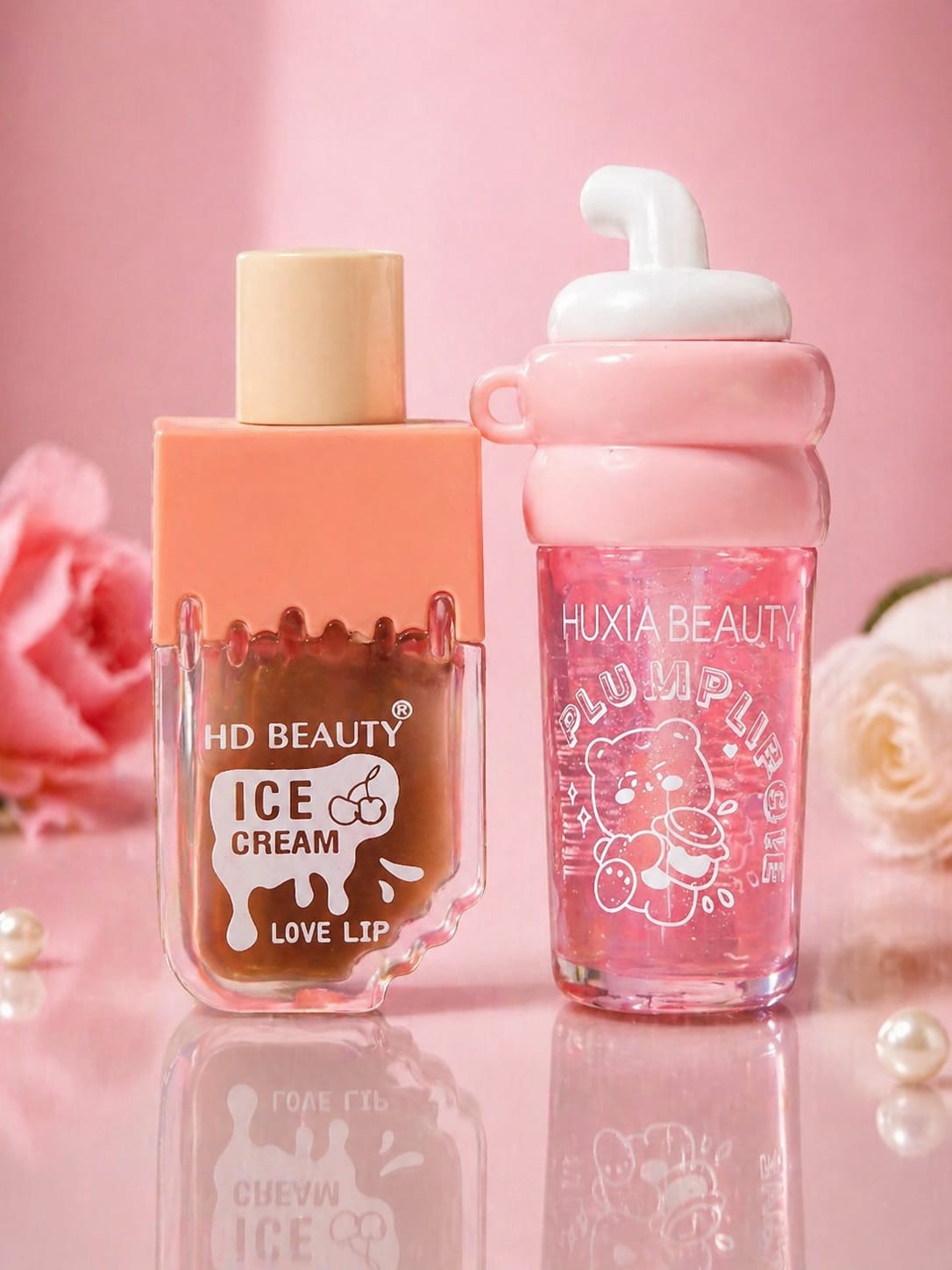 ✨ Cute Lip Gloss Combo Pack (Ice Cream + Bear Plump) – Glossy & Hydrating 💄